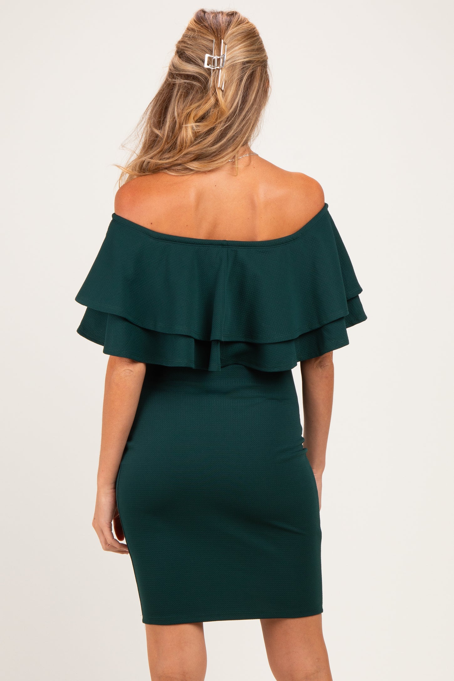 Hunter Green Off Shoulder Ruched Maternity Dress