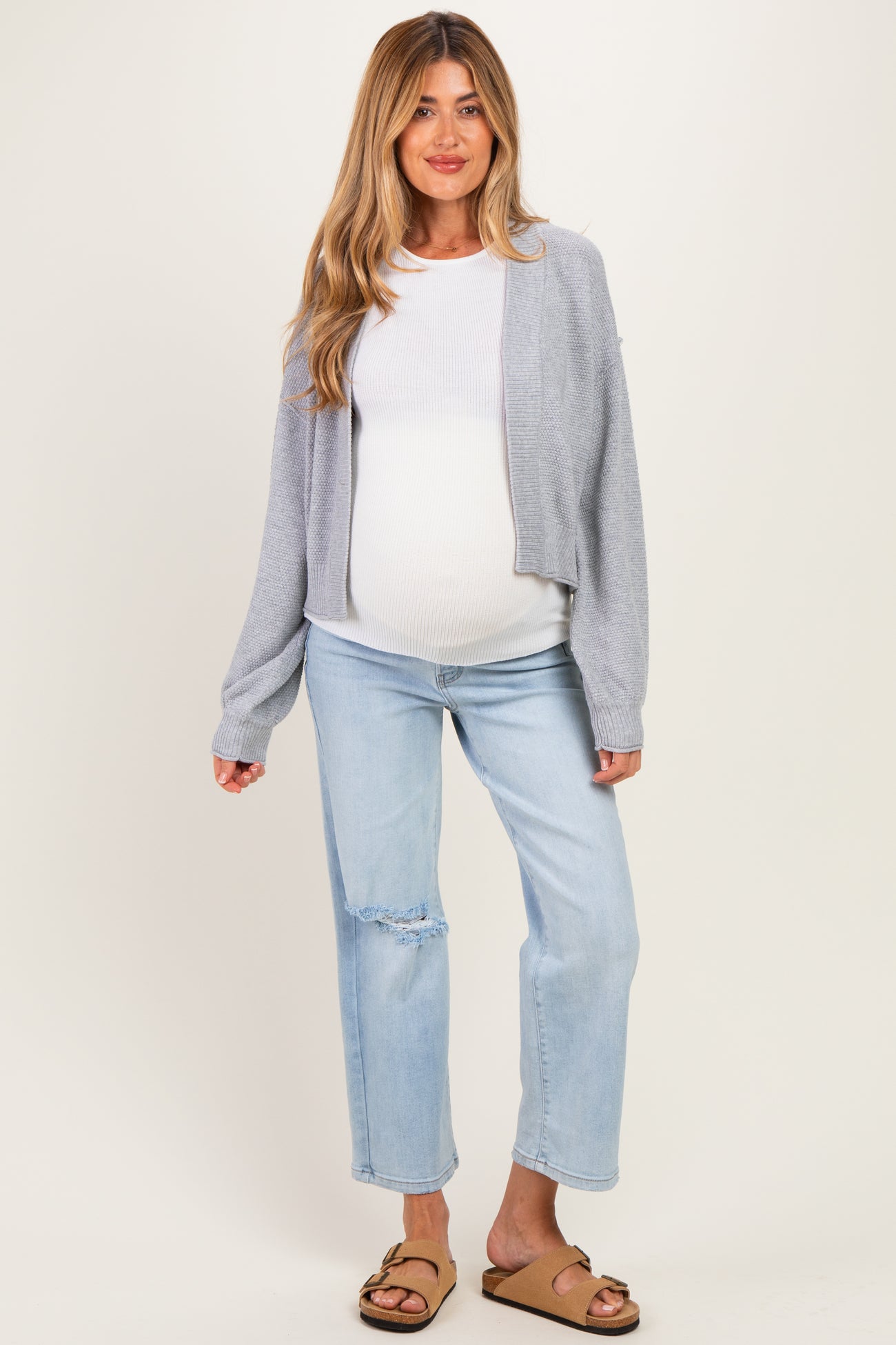 Heather Grey Waffle Knit Balloon Sleeve Maternity Cardigan