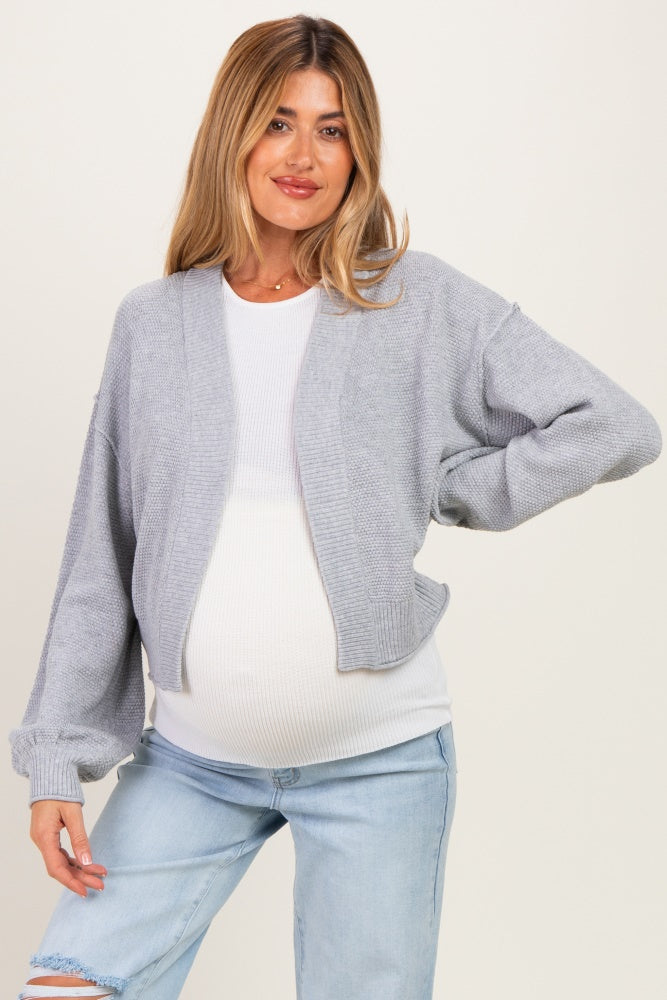 Heather Grey Waffle Knit Balloon Sleeve Maternity Cardigan