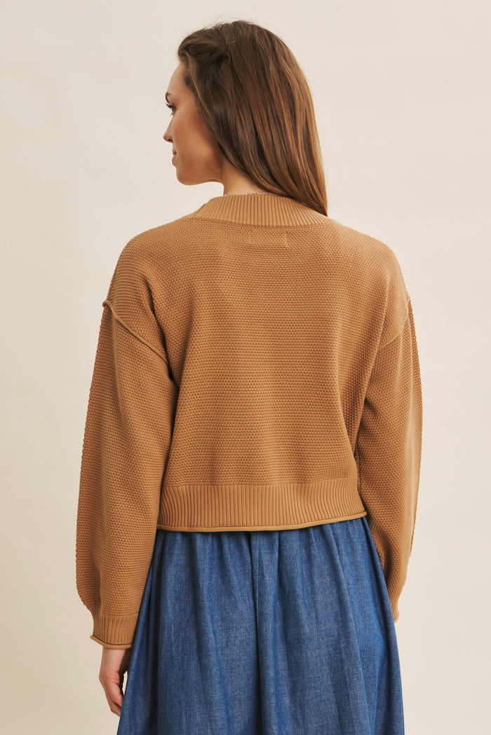 woman wearing a tan cropped sweater over a denim skirt, viewed from the back