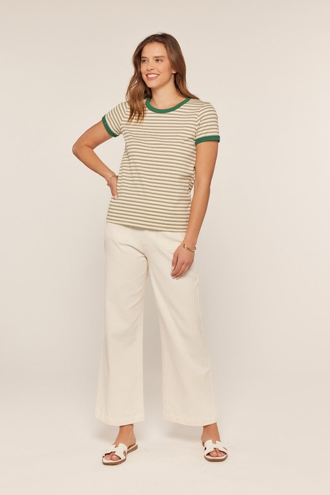 Green Striped Ribbed Knit T-Shirt