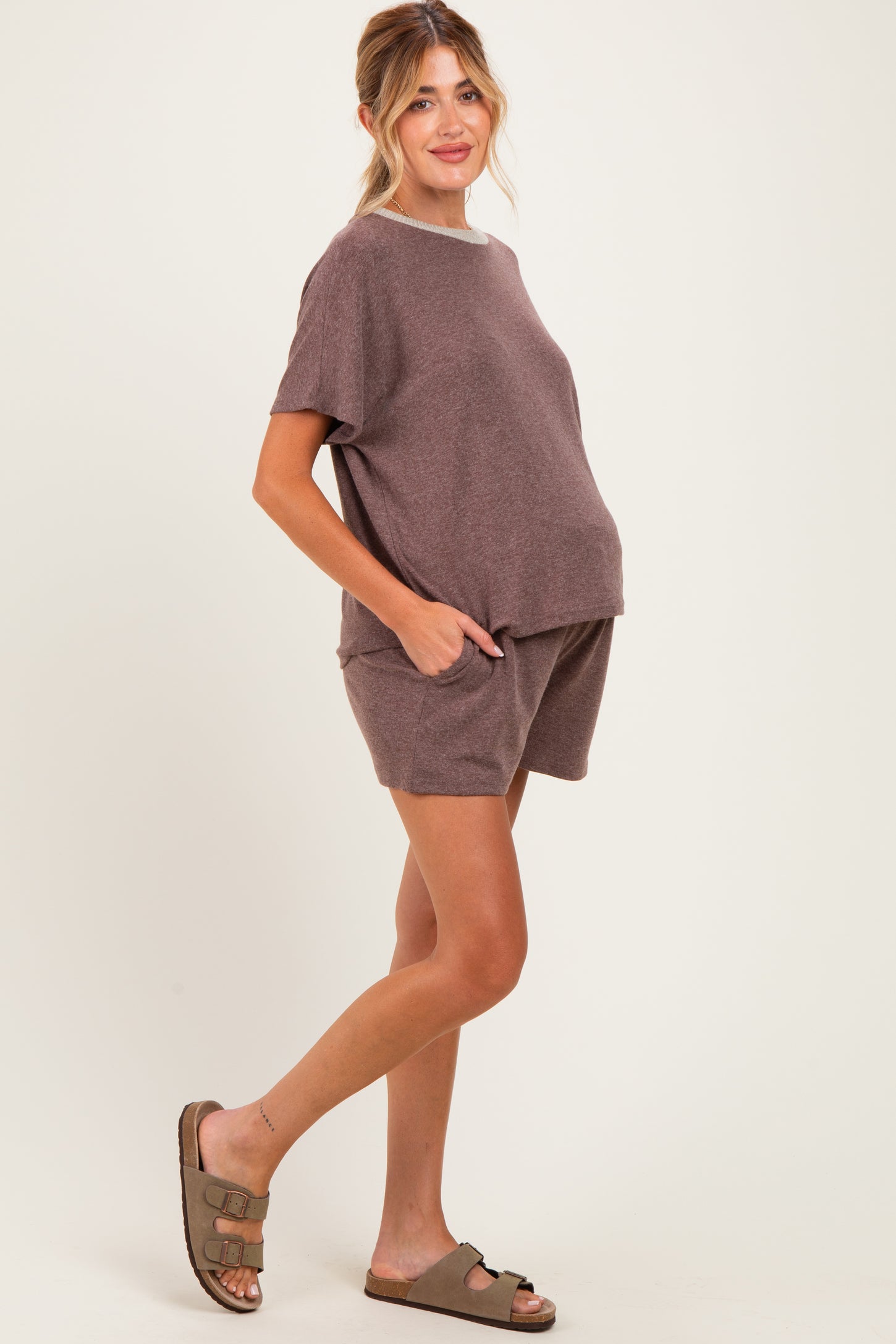 Brown Melange Knit Short Sleeve Top Shorts Maternity Set