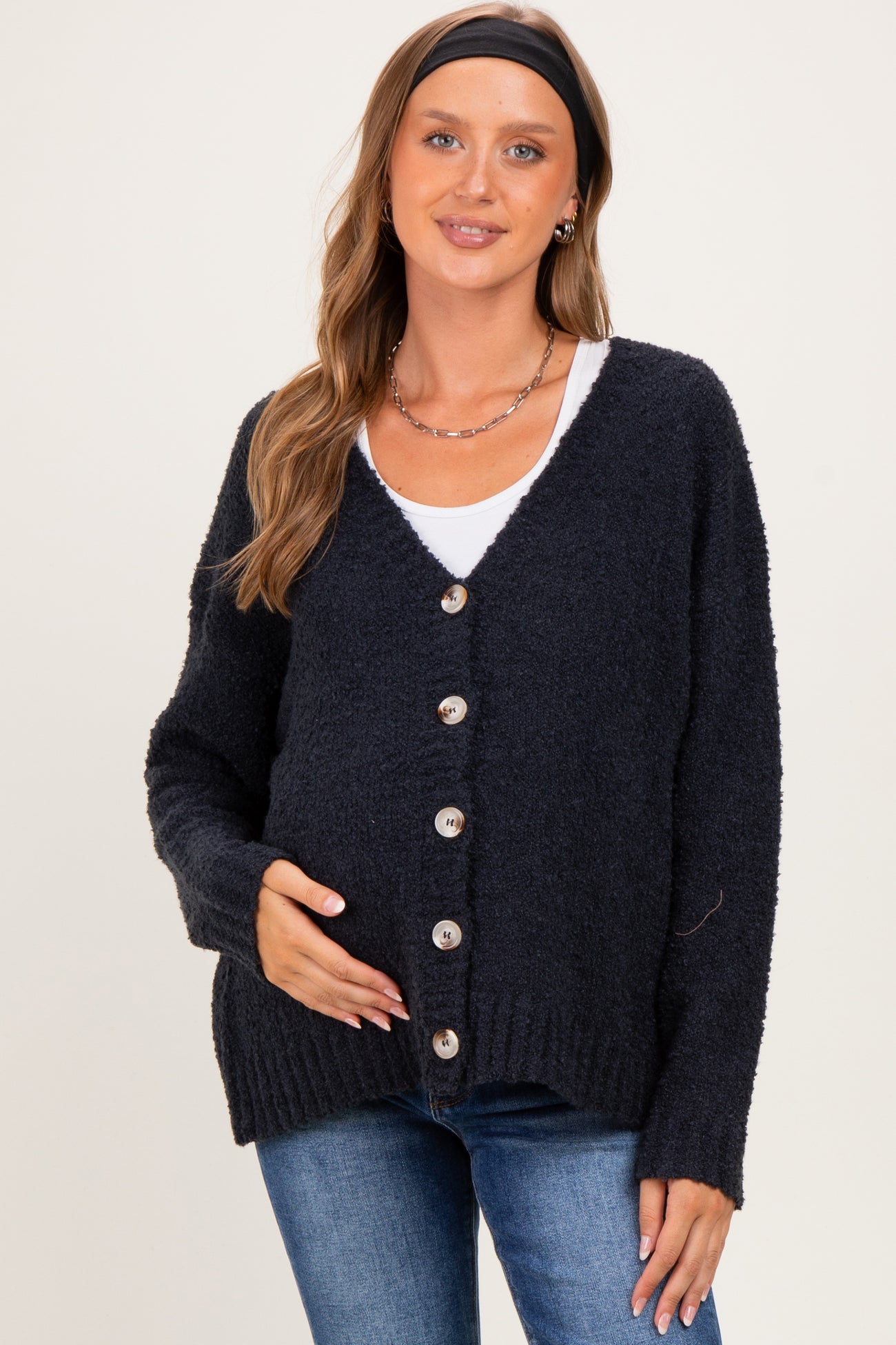 Navy Chenille Knit Button Front Maternity Cardigan