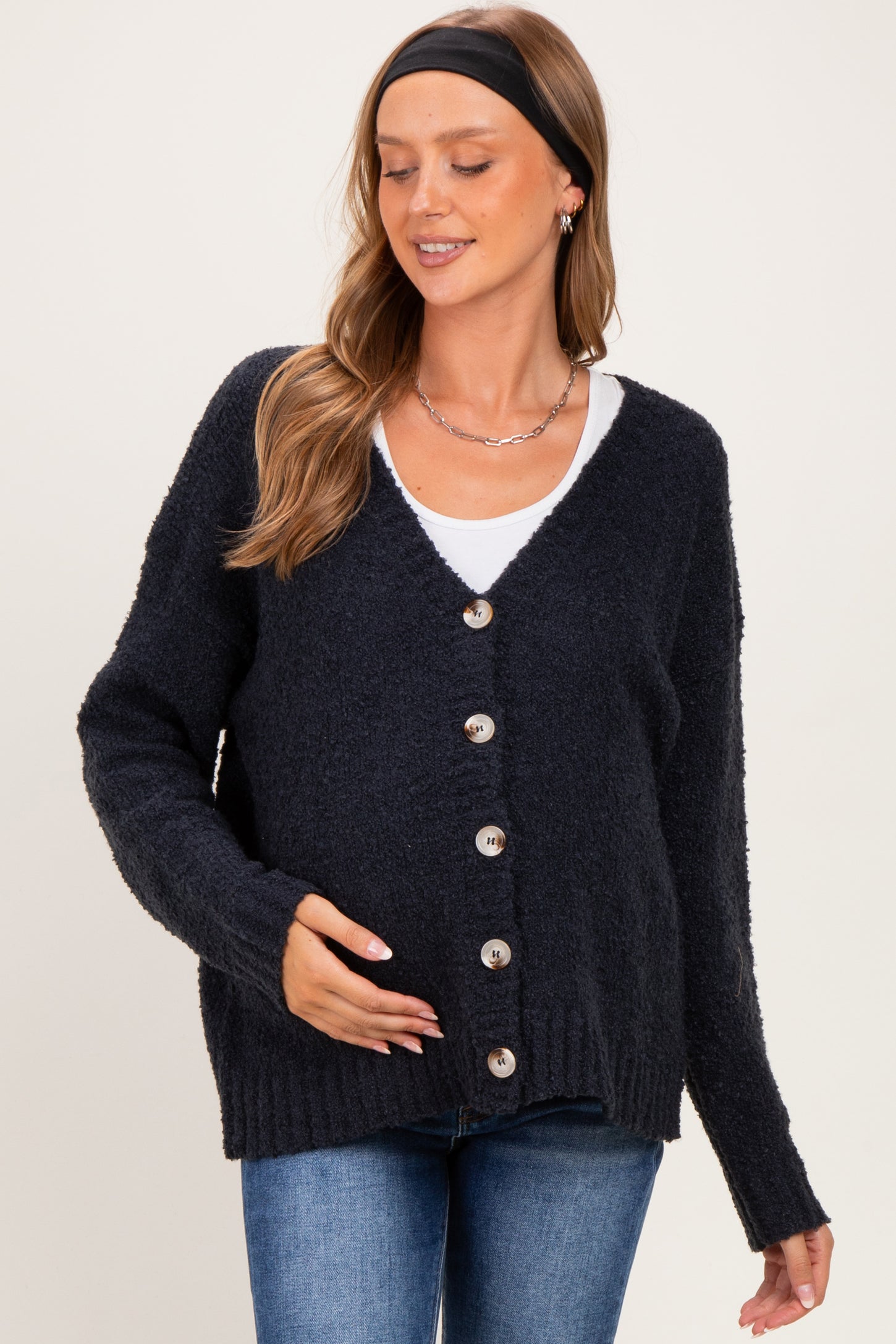 Navy Chenille Knit Button Front Maternity Cardigan