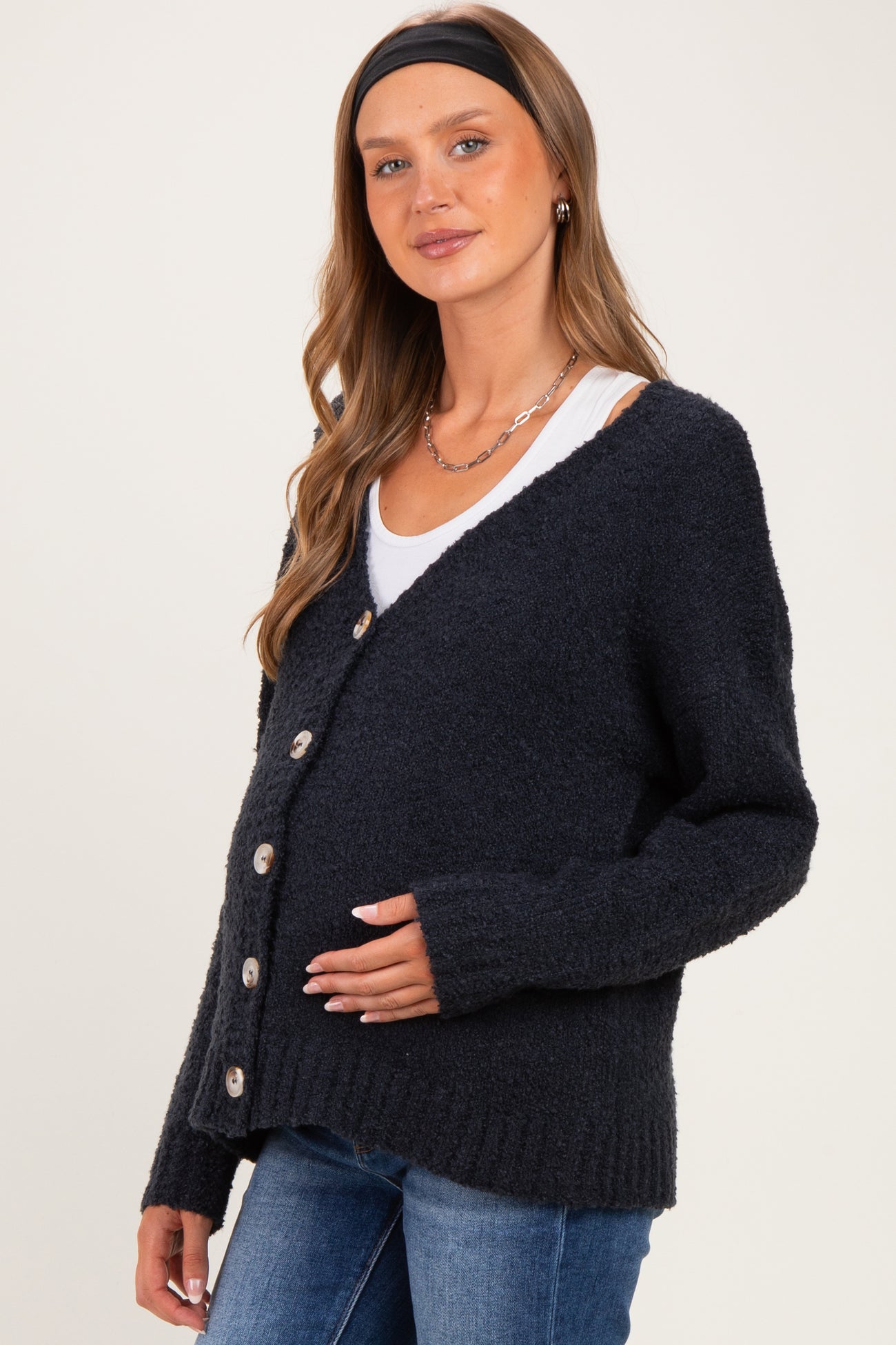 Navy Chenille Knit Button Front Maternity Cardigan