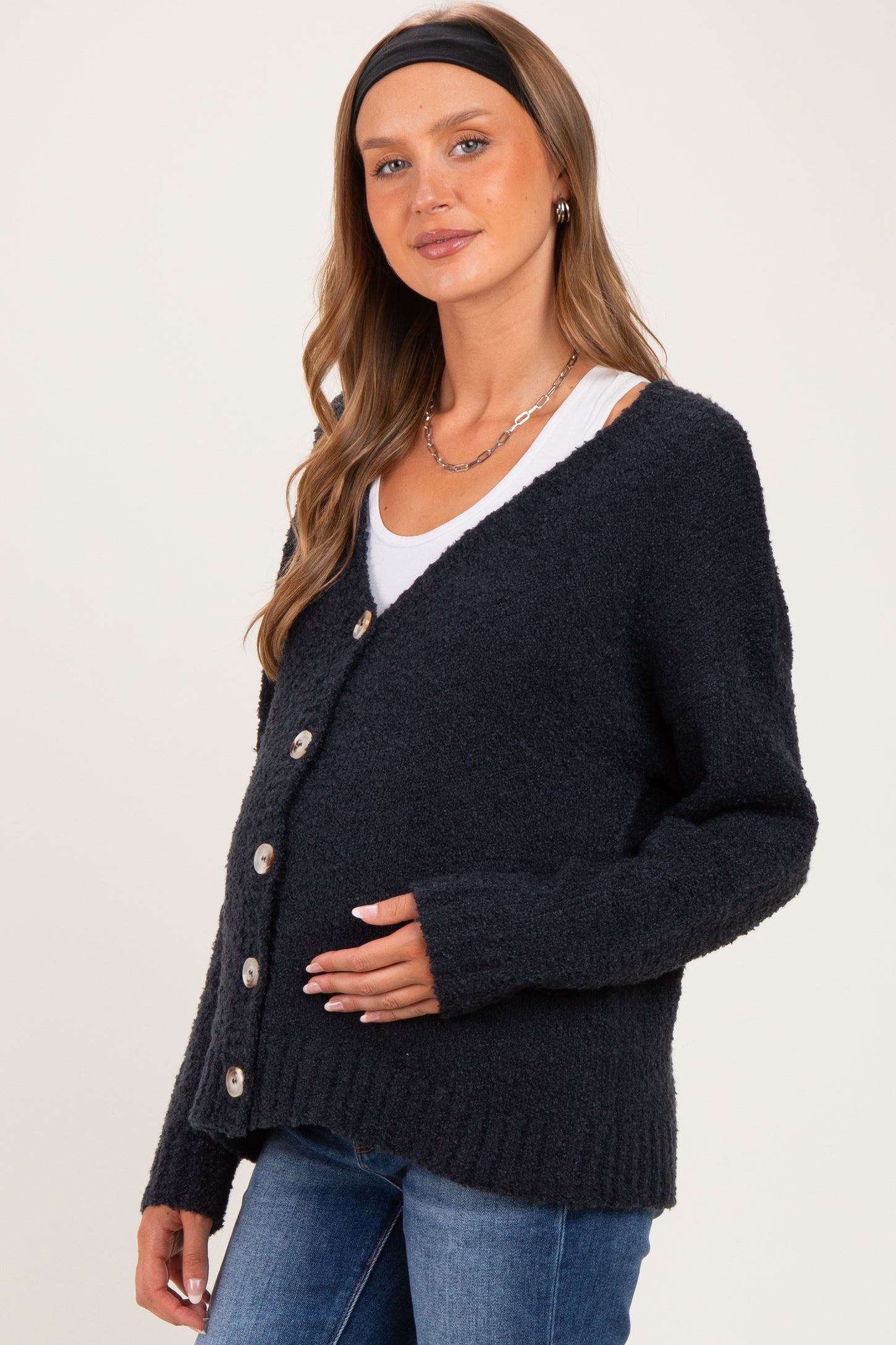 Navy Chenille Knit Button Front Maternity Cardigan
