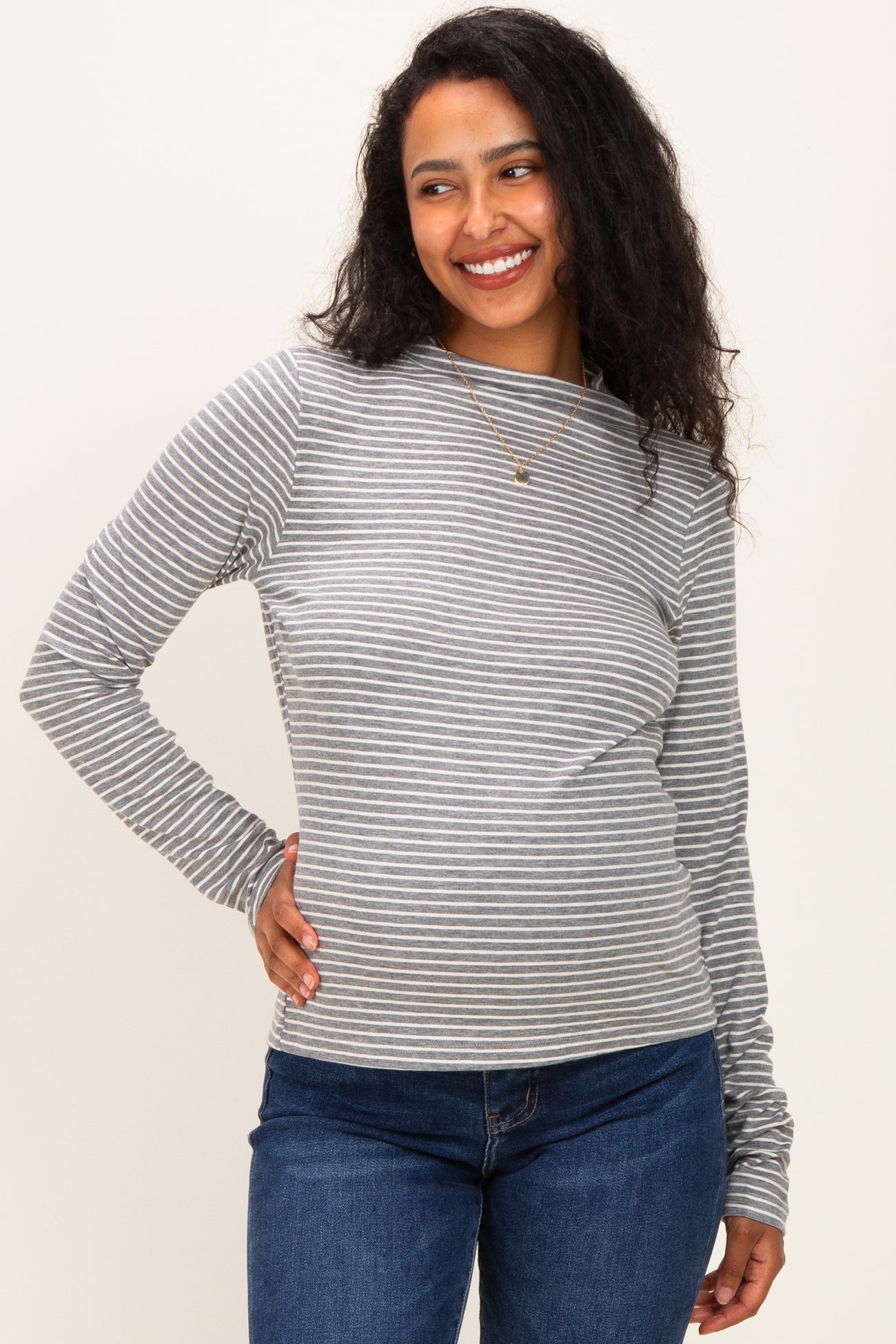 Heather Grey Striped Rolled Neck Maternity Top