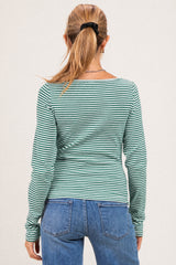 woman wearing a green and white striped long sleeve maternity top, shown from the back with light blue jeans