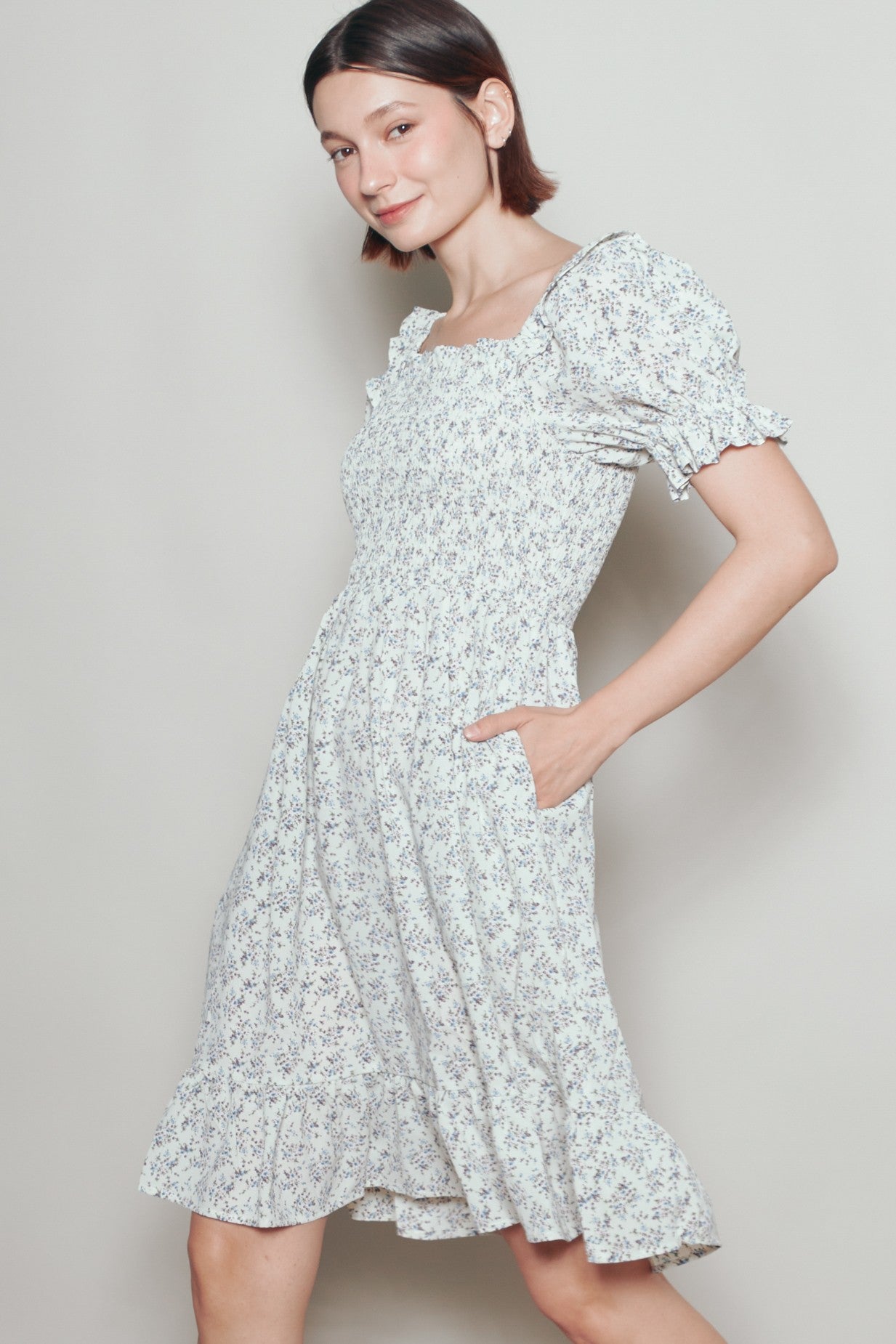Cream Floral Smocked Puff Sleeve Dress