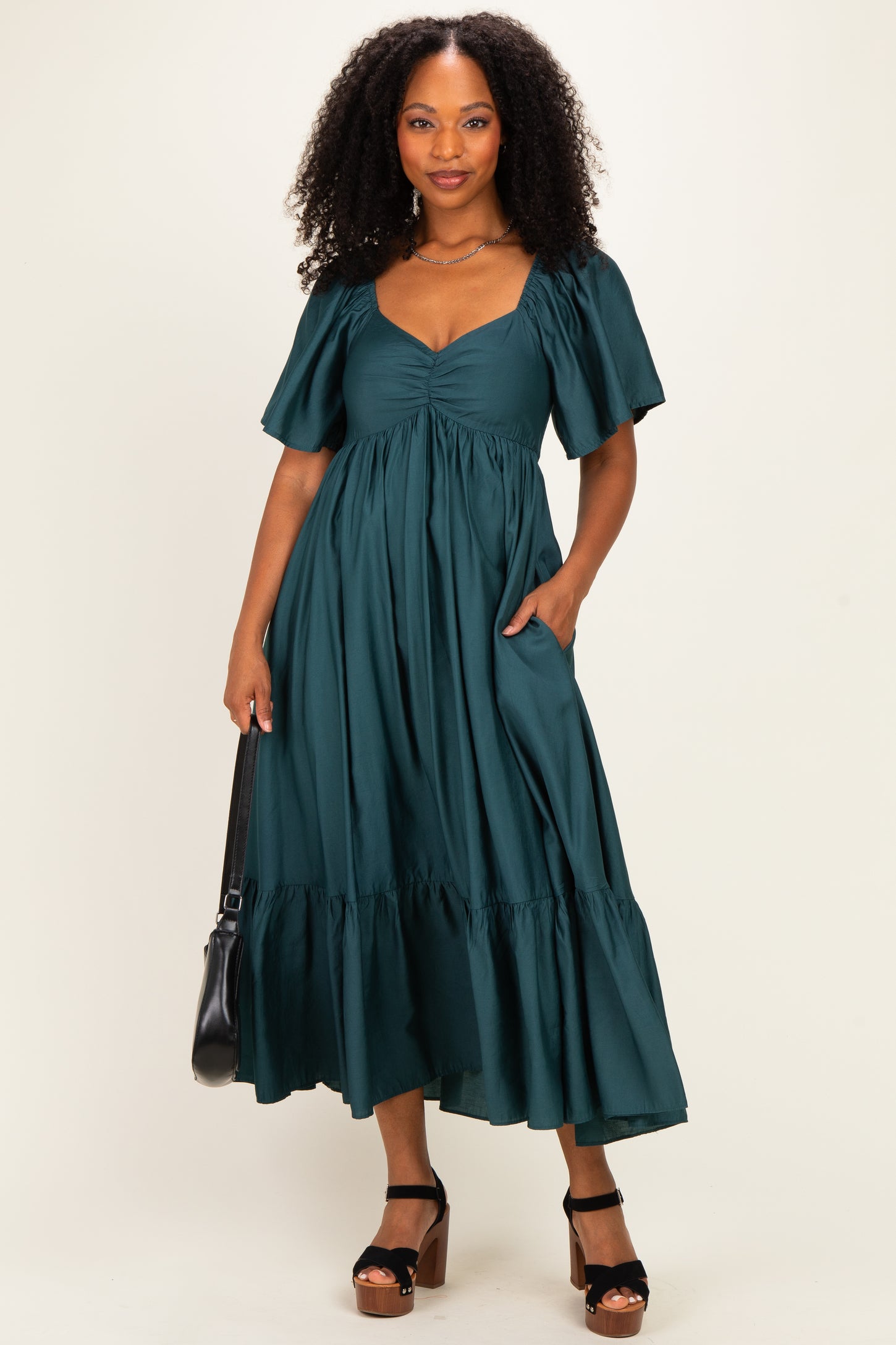 Emerald Flutter Sleeve Ruffle Hem Maternity Midi Dress