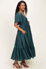 Emerald Flutter Sleeve Ruffle Hem Maternity Midi Dress