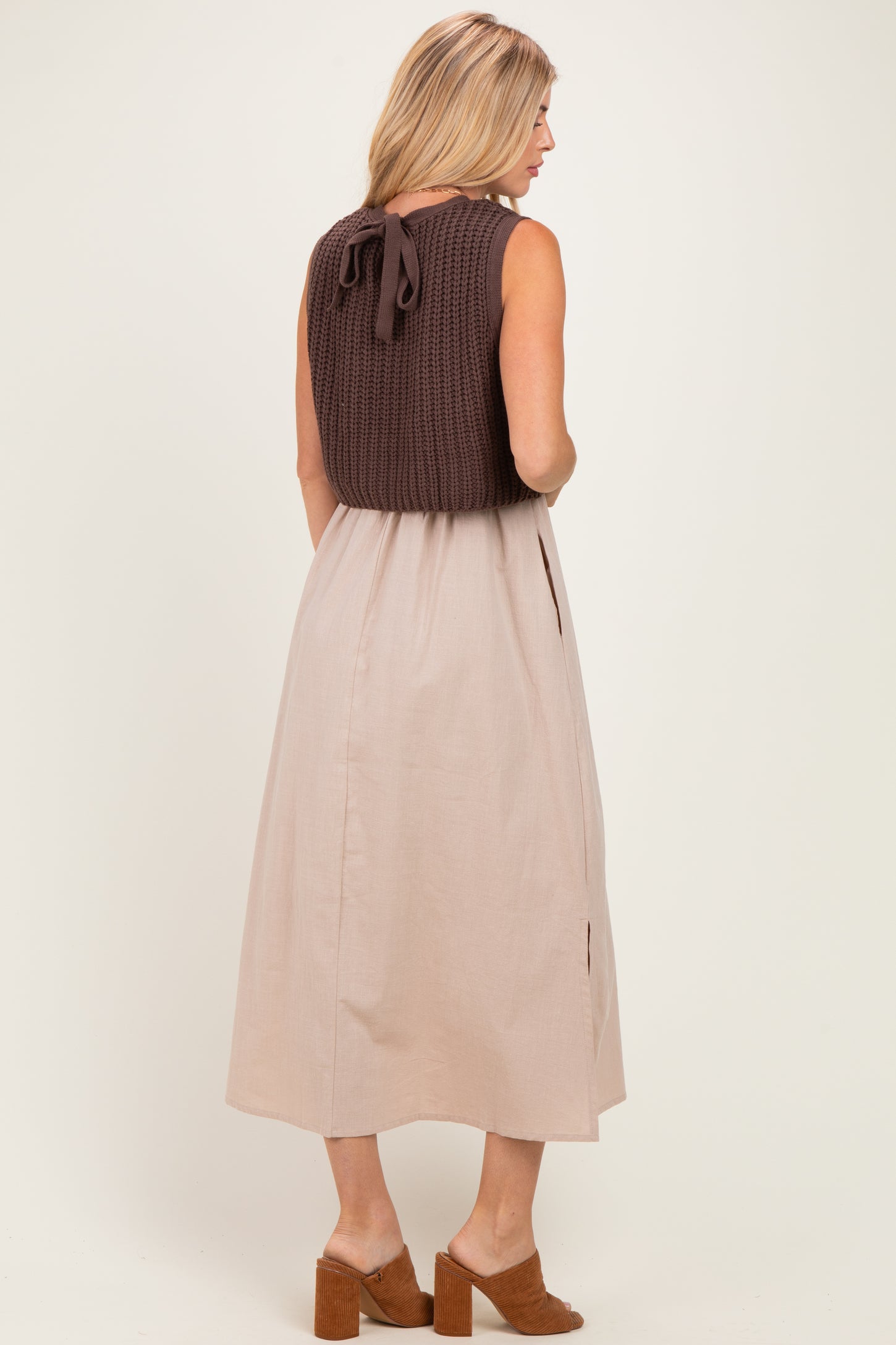 Brown/ Mocha Sleeveless Sweater Top Colorblock Midi Dress