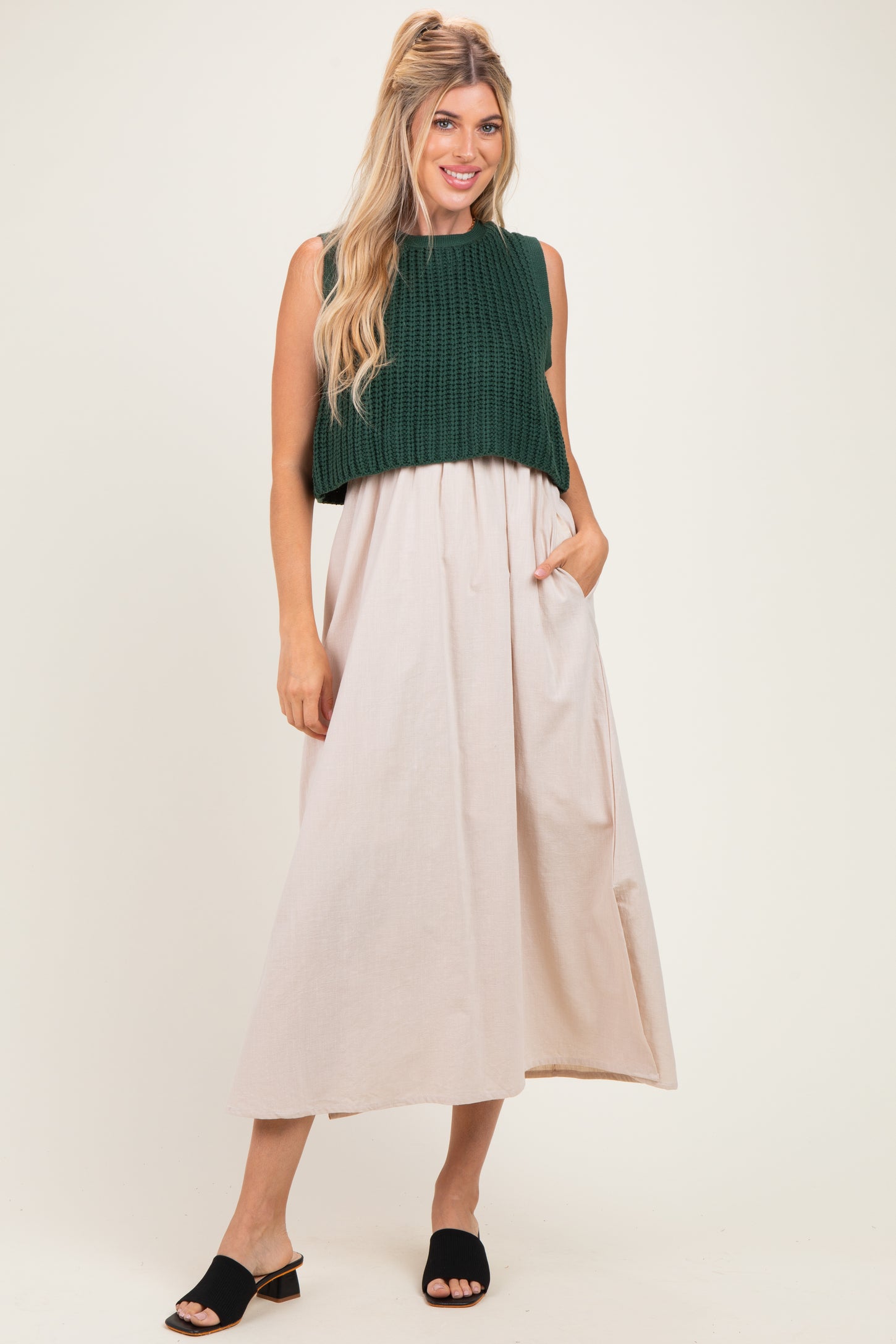Forest Green/ Taupe Sleeveless Sweater Top Colorblock Maternity Midi Dress