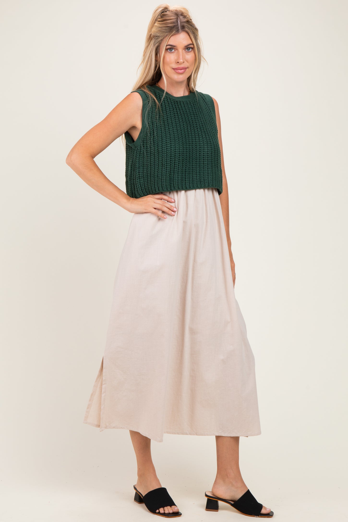 Forest Green/ Taupe Sleeveless Sweater Top Colorblock Midi Dress