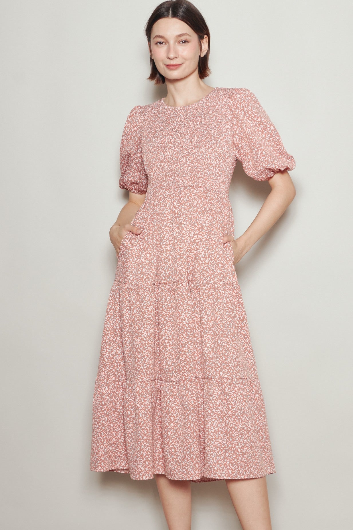 Coral Rose Floral Puff Sleeve Tiered Maternity Midi Dress