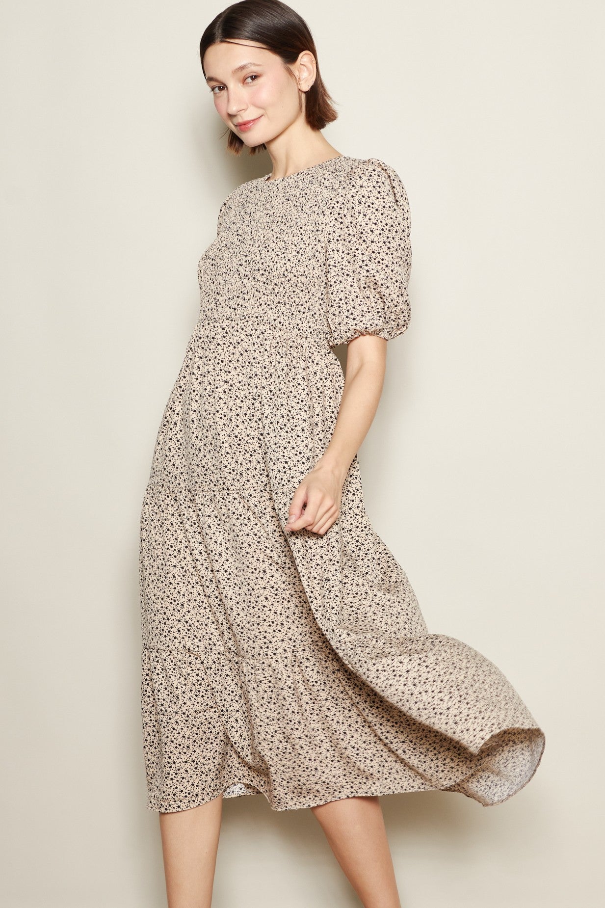 Light Taupe Floral Puff Sleeve Tiered Midi Dress