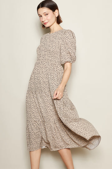 Light Taupe Floral Puff Sleeve Tiered Midi Dress