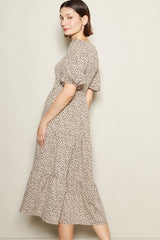Light Taupe Floral Puff Sleeve Tiered Midi Dress