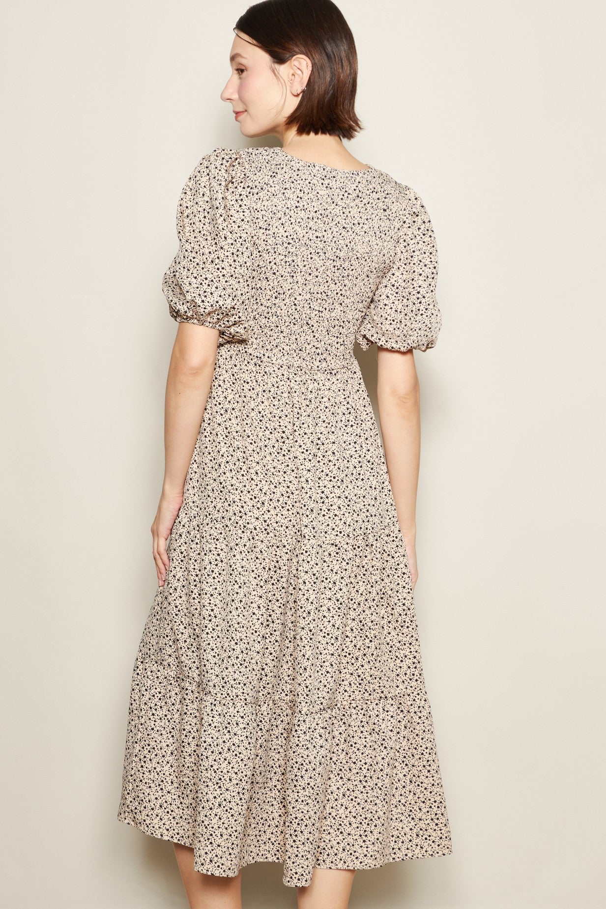 Light Taupe Floral Puff Sleeve Tiered Midi Dress