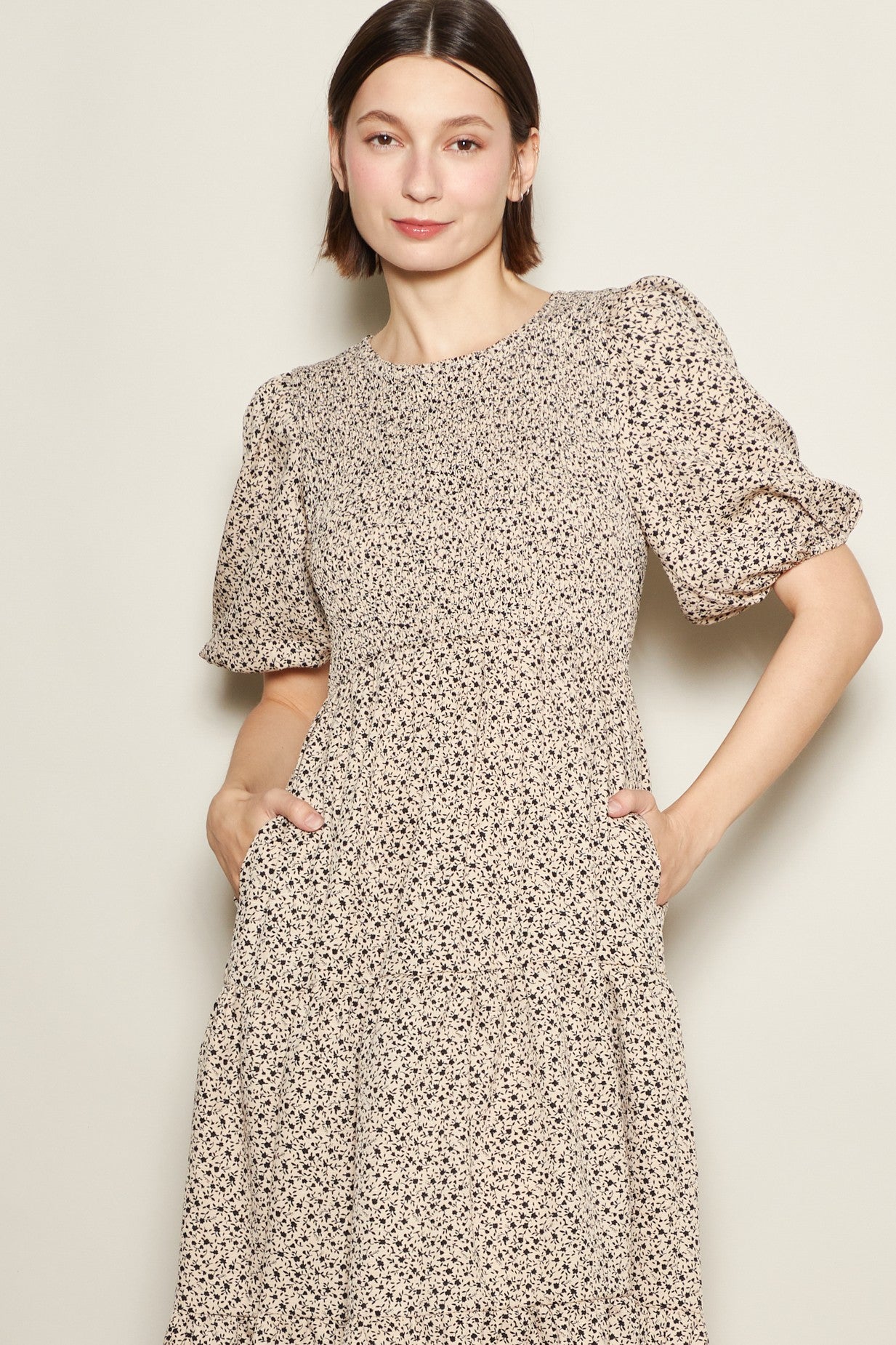 Light Taupe Floral Puff Sleeve Tiered Midi Dress