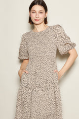 Light Taupe Floral Puff Sleeve Tiered Midi Dress