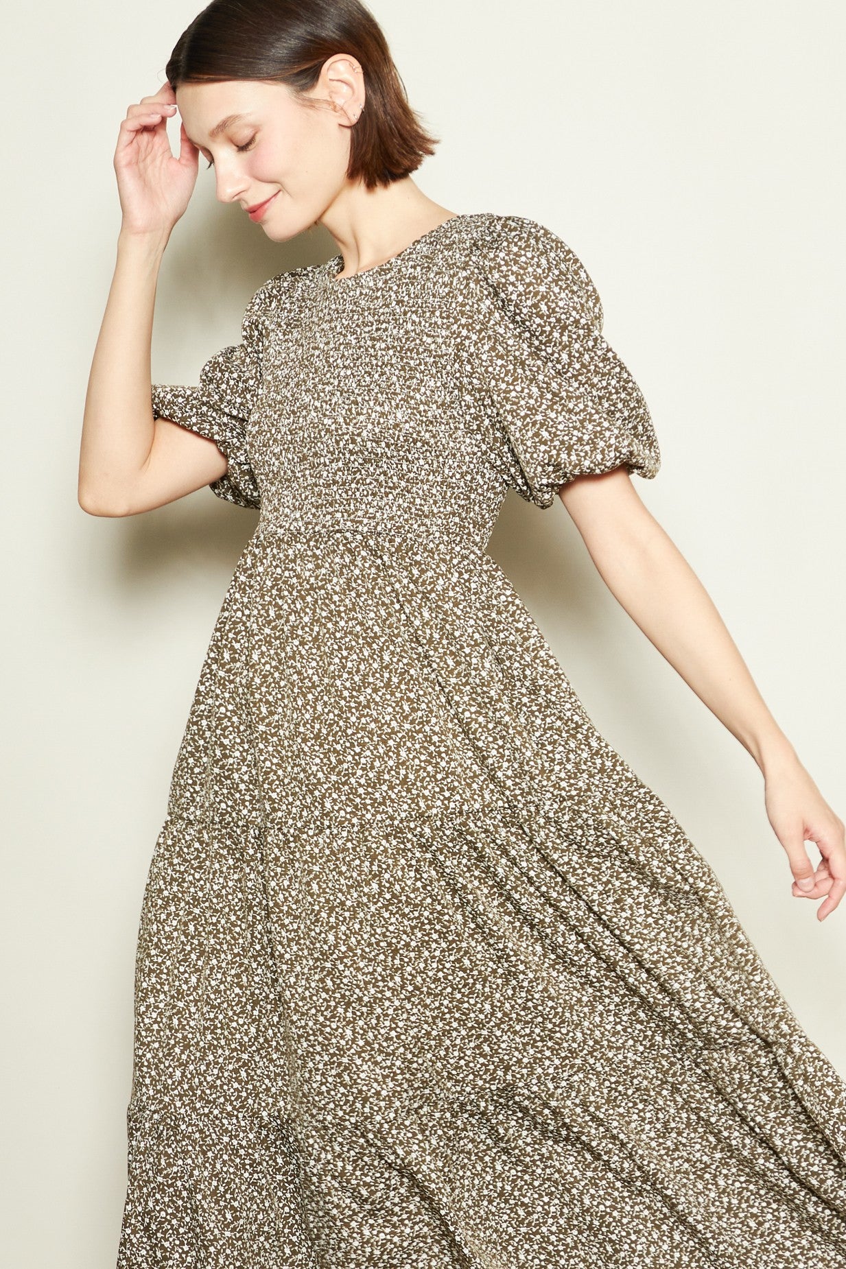 Olive Floral Puff Sleeve Tiered Midi Dress