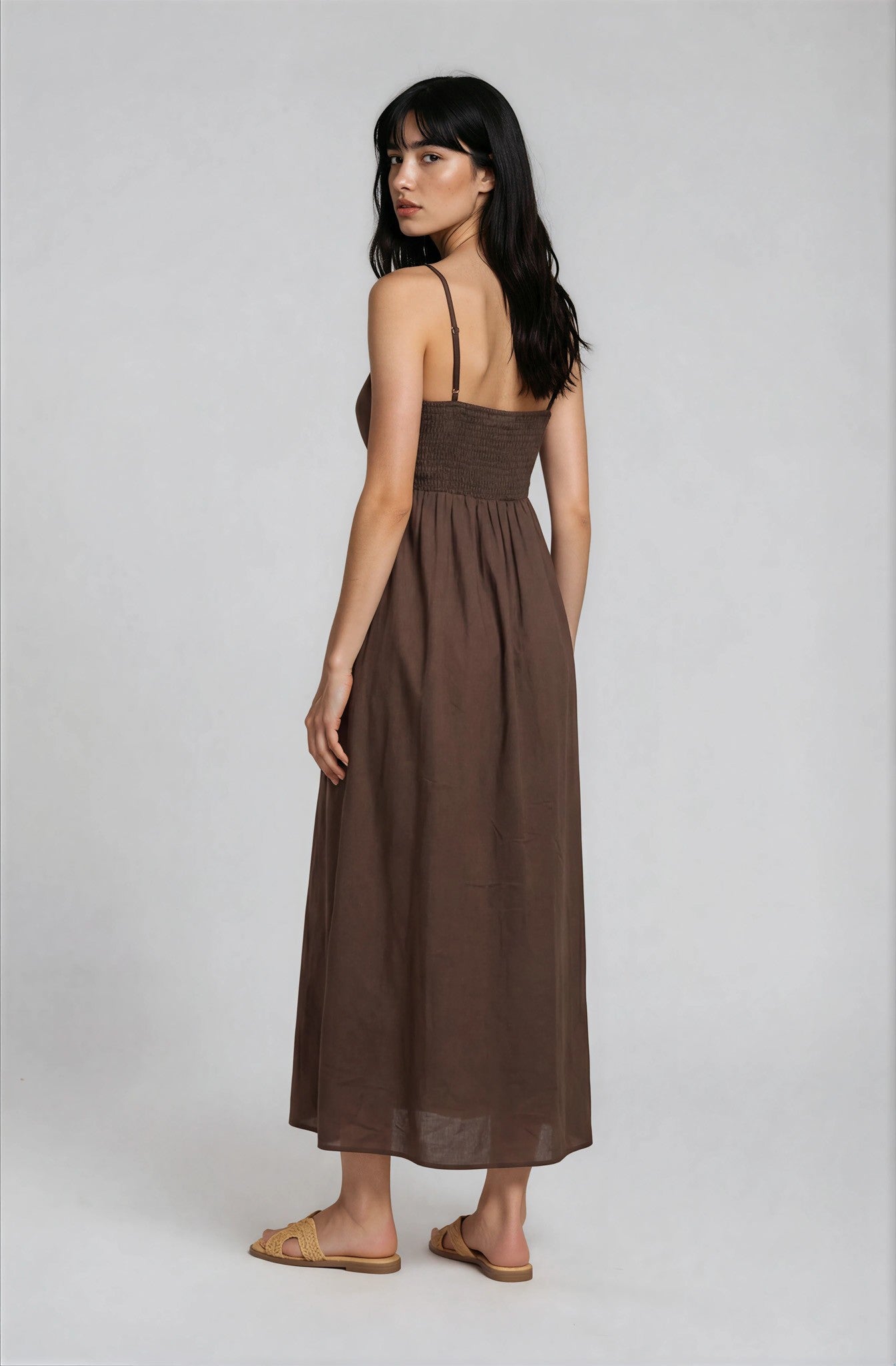 Dark Brown Pintuck Detail Sleeveless Maxi Dress