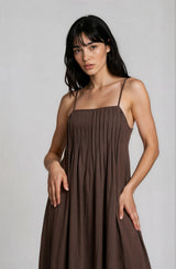 Dark Brown Pintuck Detail Sleeveless Maxi Dress