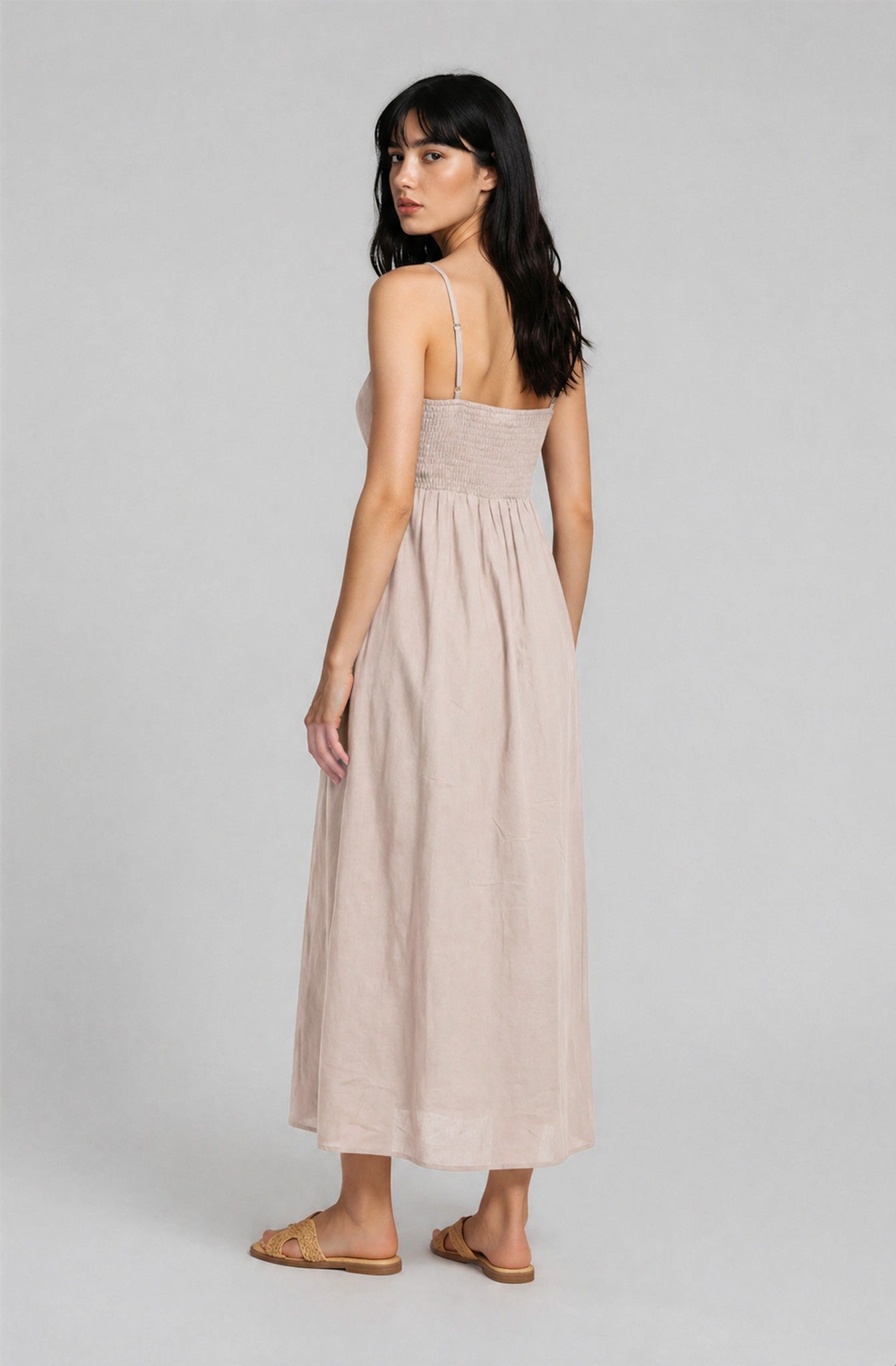 Light Khaki Pintuck Detail Sleeveless Maxi Dress