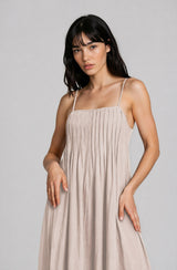 Light Khaki Pintuck Detail Sleeveless Maxi Dress
