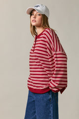 Maroon Striped Oversized Button Sweatshirt