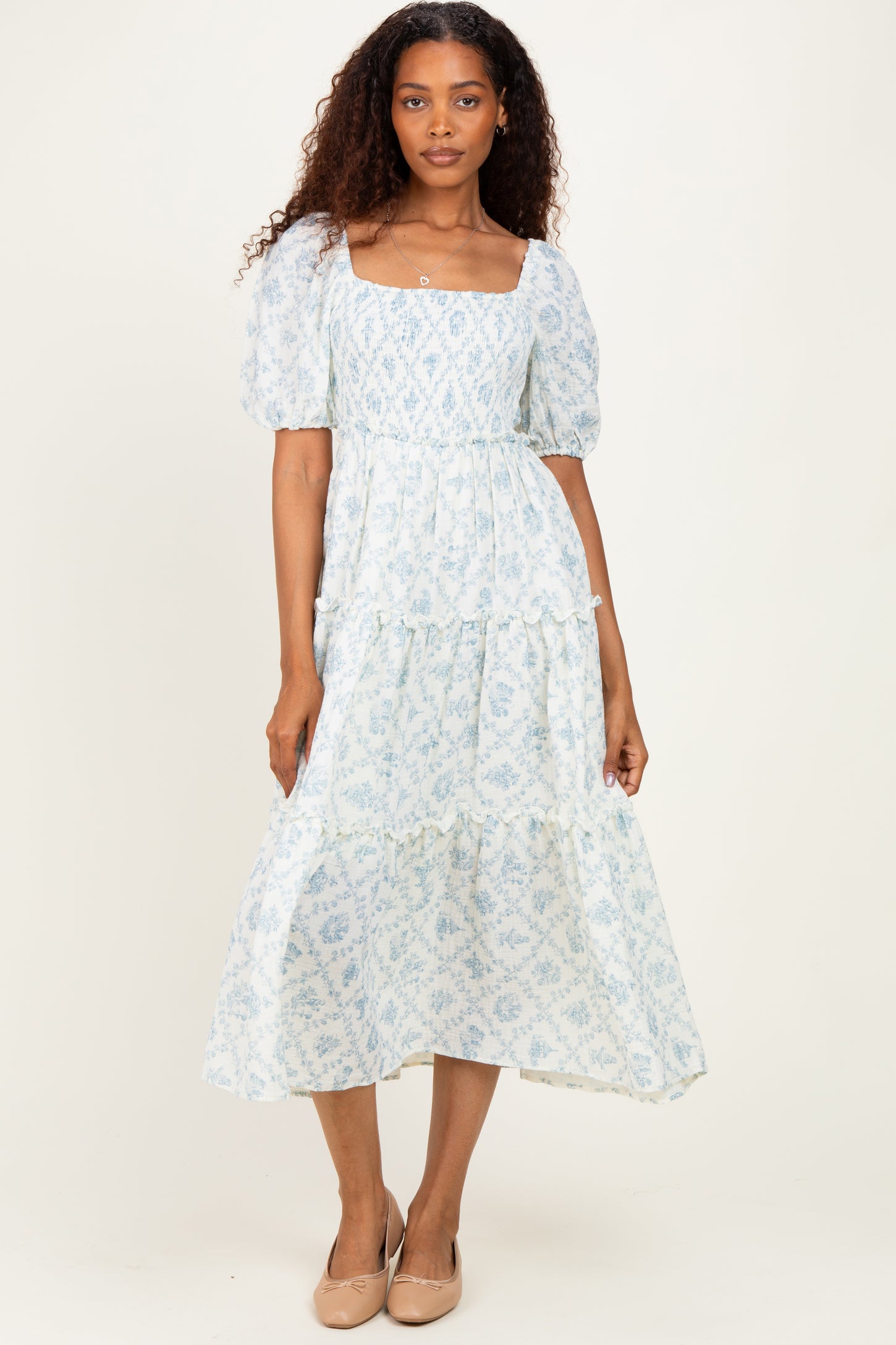Blue Floral Puff Sleeve Ruffle Tiered Maxi Dress