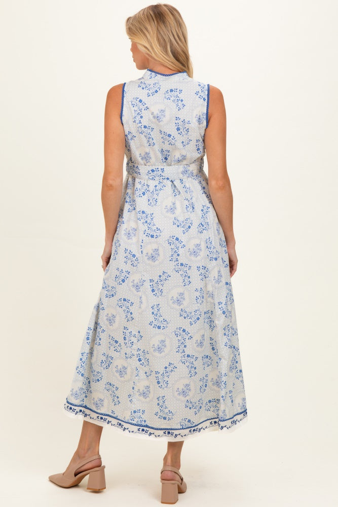 French Blue Floral Button Up Tie Waist Maternity Midi Dress