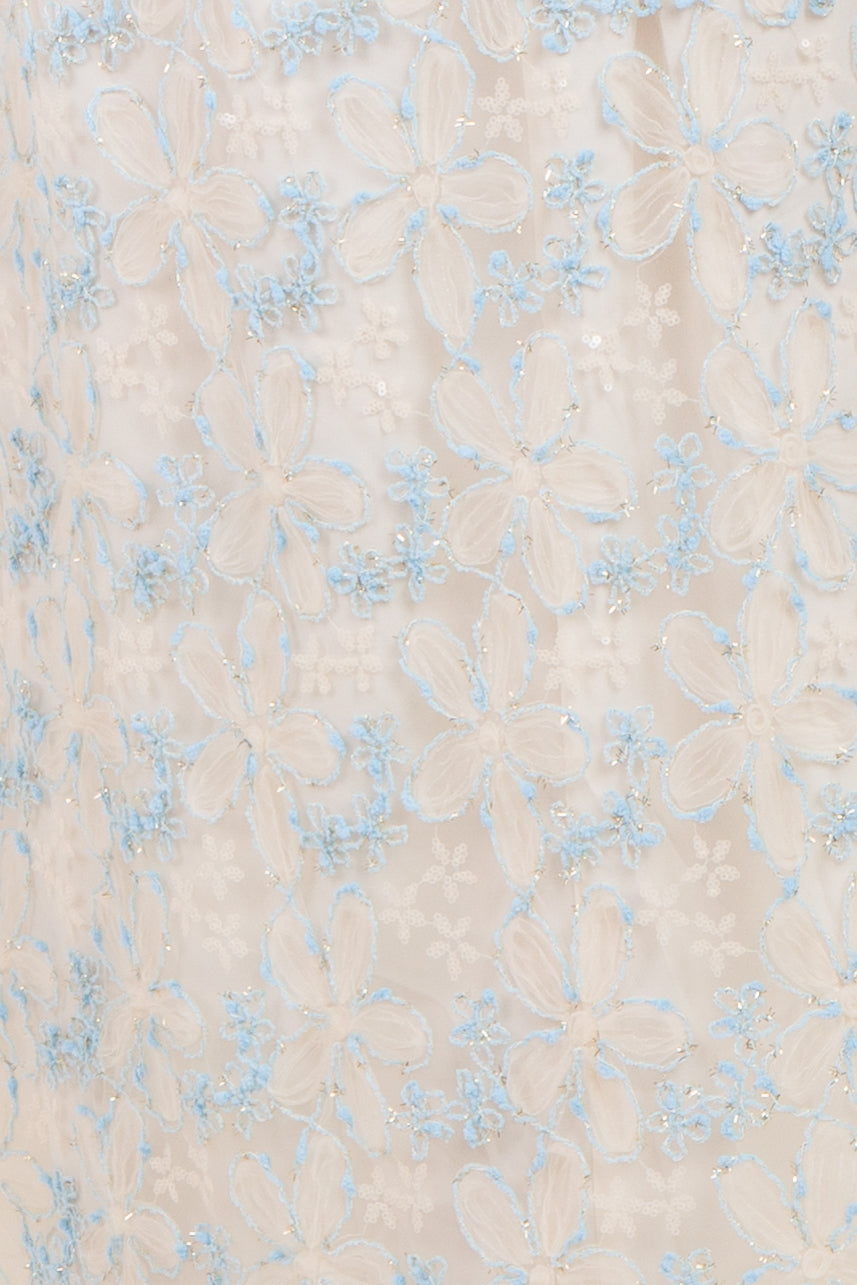 maternity wear featuring white fabric with intricate blue floral embroidery and delicate detailing