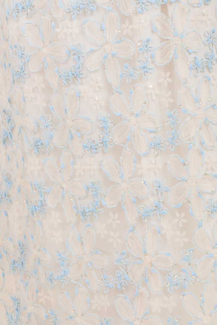 maternity wear featuring white fabric with intricate blue floral embroidery and delicate detailing