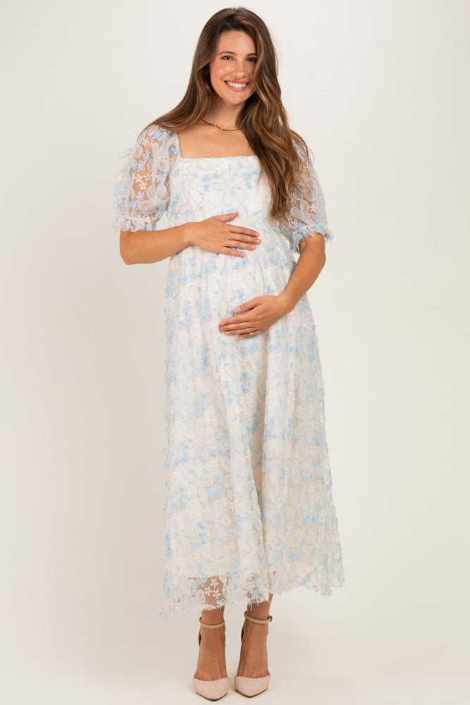 Light Blue Floral Mesh Overlay Tie Back Maternity Midi Dress