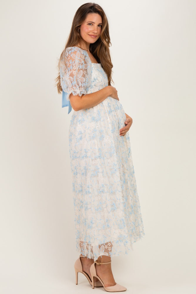 Light Blue Floral Mesh Overlay Tie Back Maternity Midi Dress