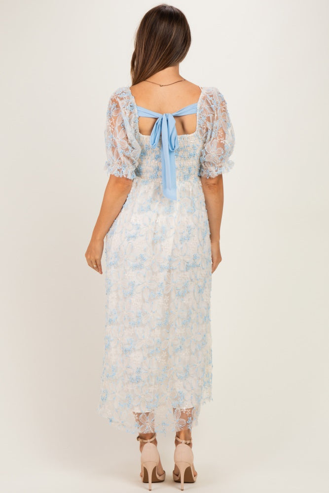 Light Blue Floral Mesh Overlay Tie Back Maternity Midi Dress