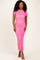 woman wearing a hot pink lace midi dress with short sleeves and a fitted silhouette