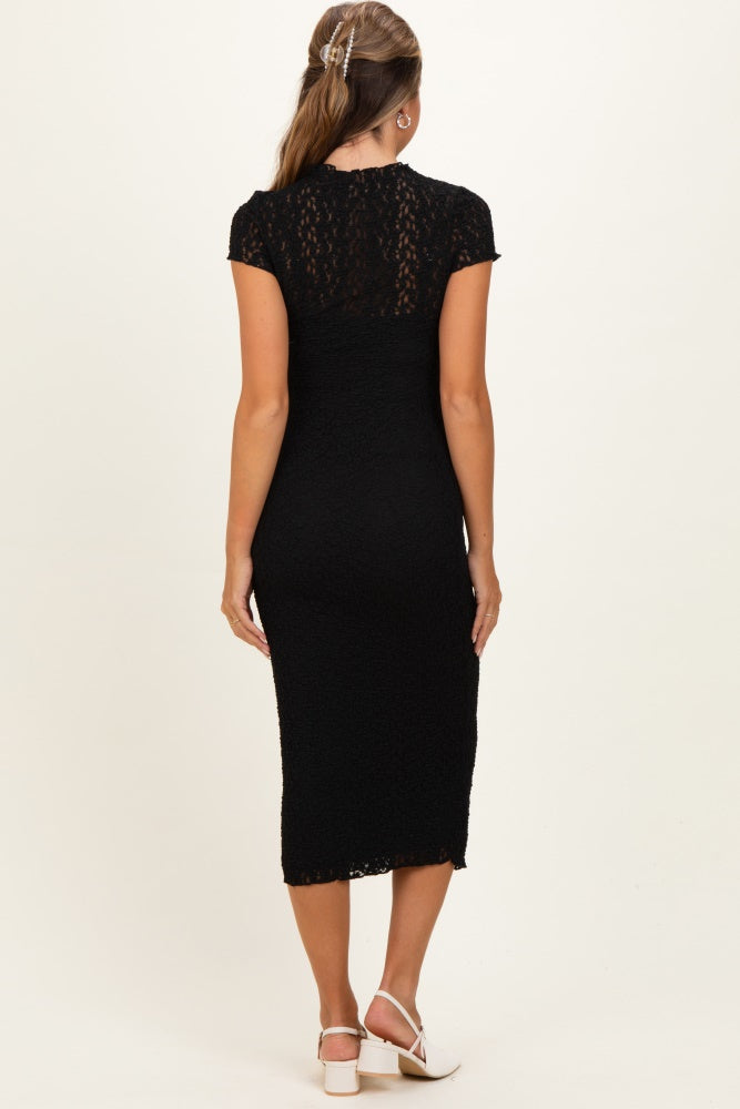 Black Sheer Lace Overlay Short Sleeve Maternity Midi Dress