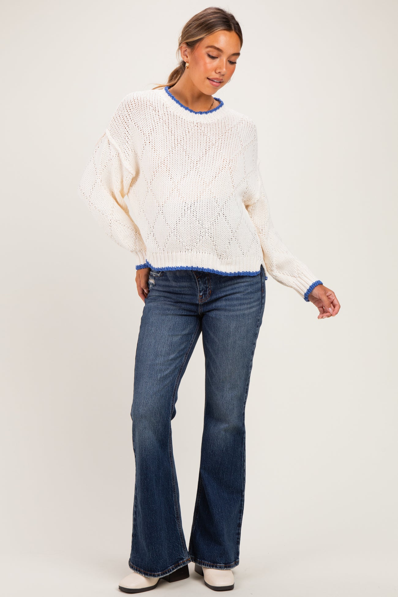 Cream Contrast Trim Pointelle Matenity Sweater