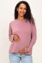Burgundy Striped Oversized French Terry Maternity Top