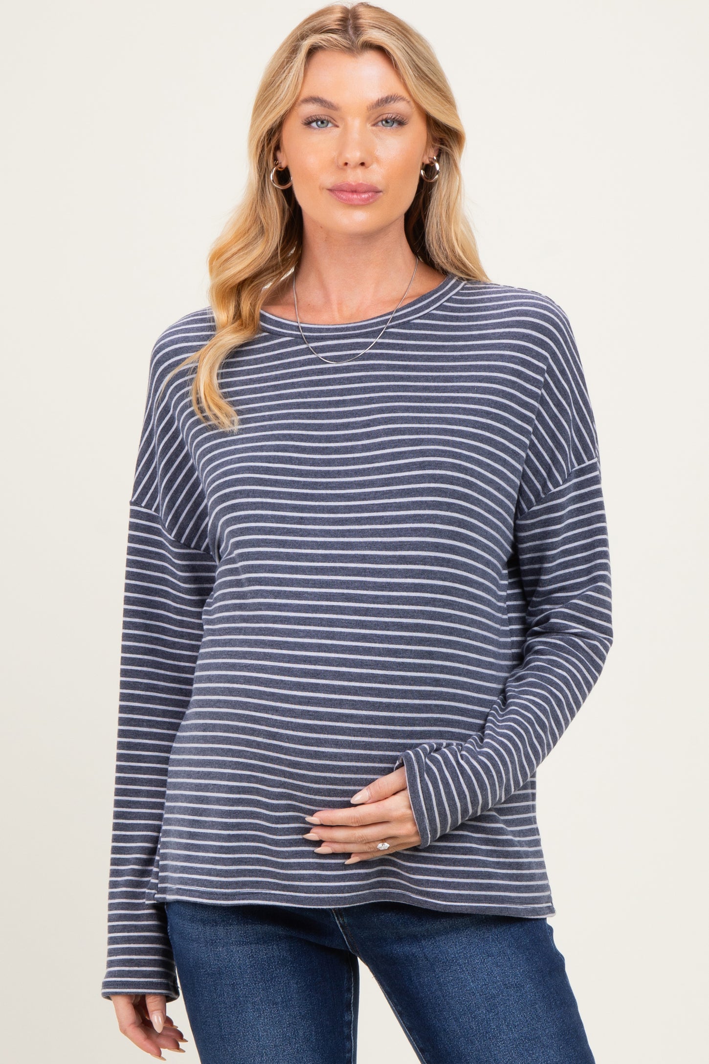 Navy Striped Oversized French Terry Maternity Top
