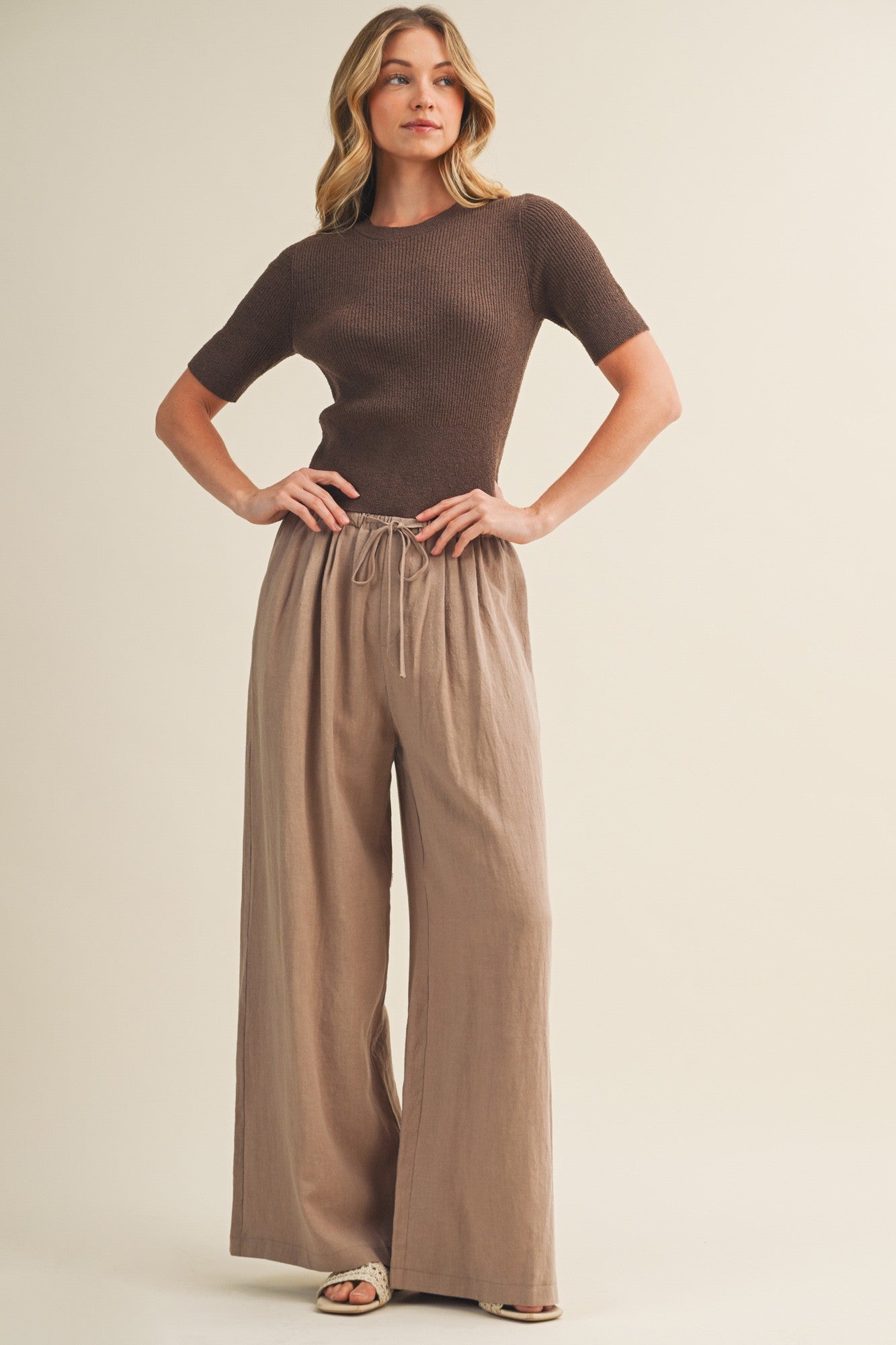 Mocha Drawstring Wide Leg Maternity Pants