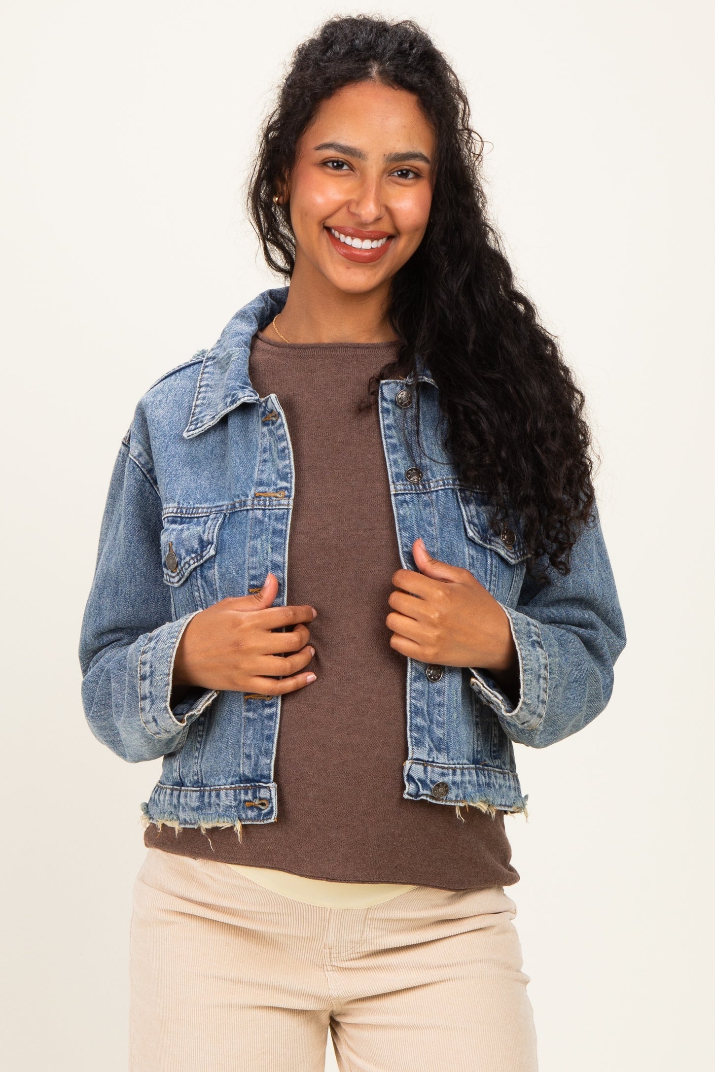 Medium Wash Distressed Maternity Denim Jacket