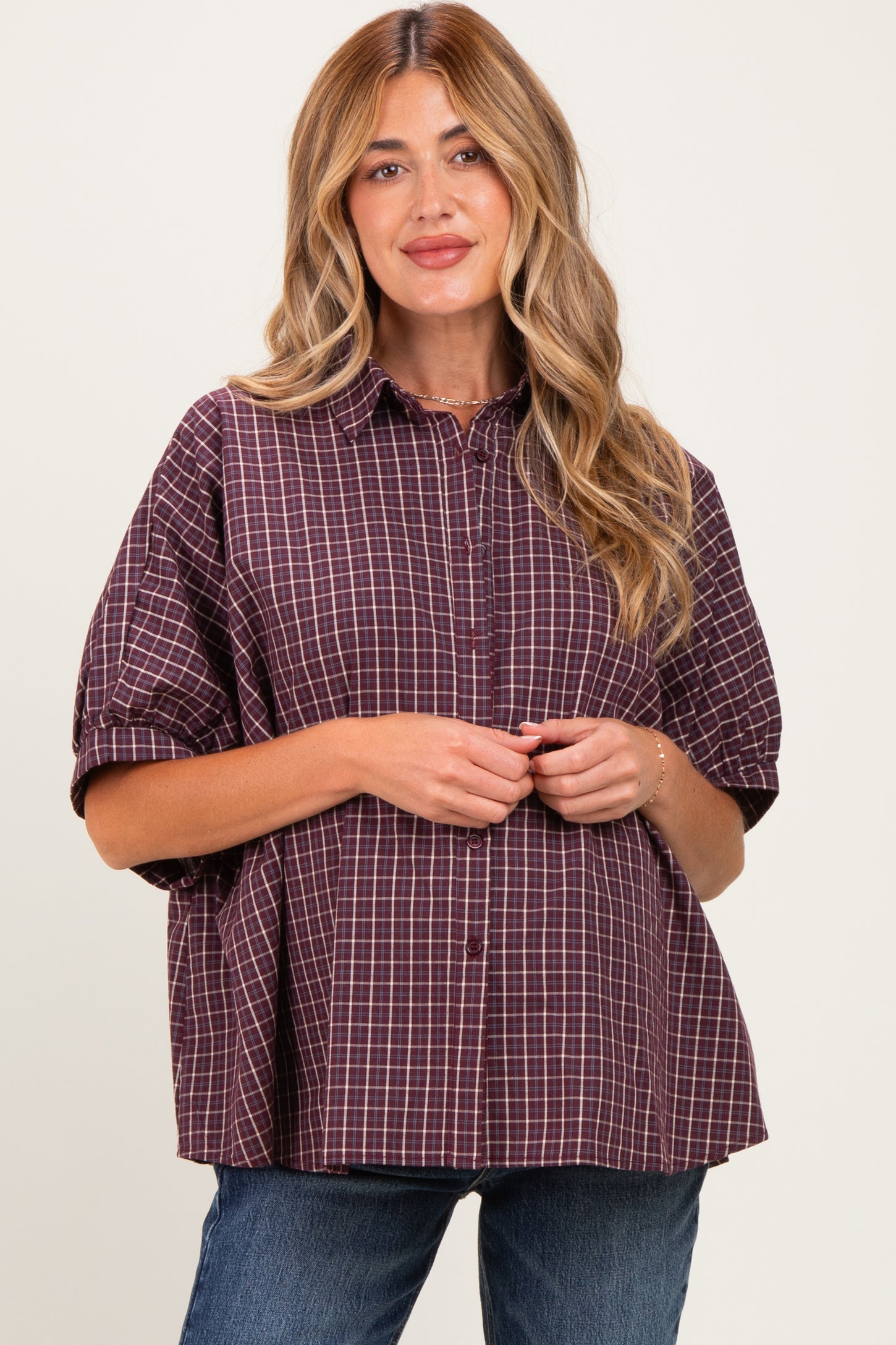 Merlot Oversized Check Plaid Maternity Button Down Shirt