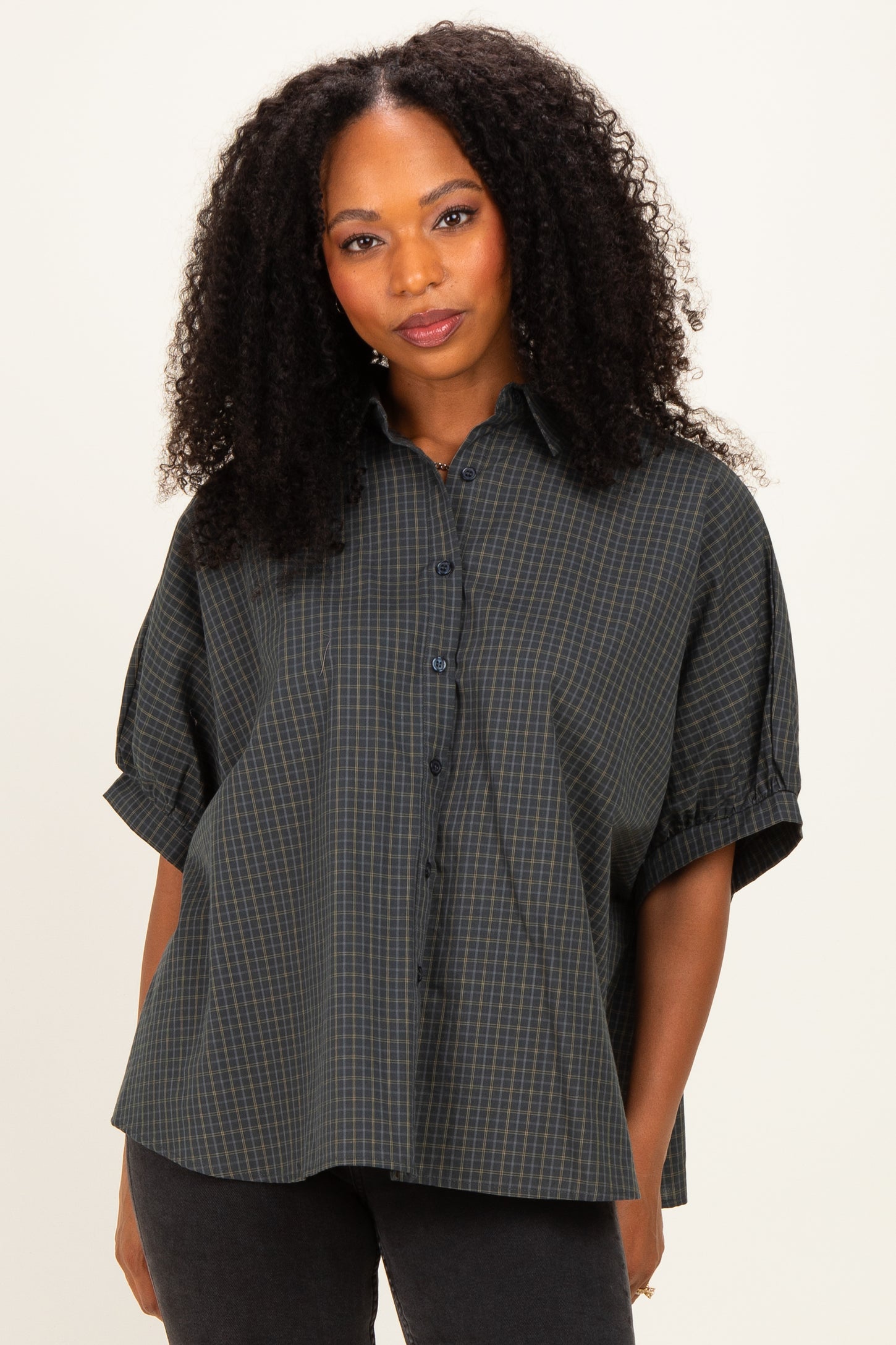 Pine Oversized Check Plaid Button Down Shirt