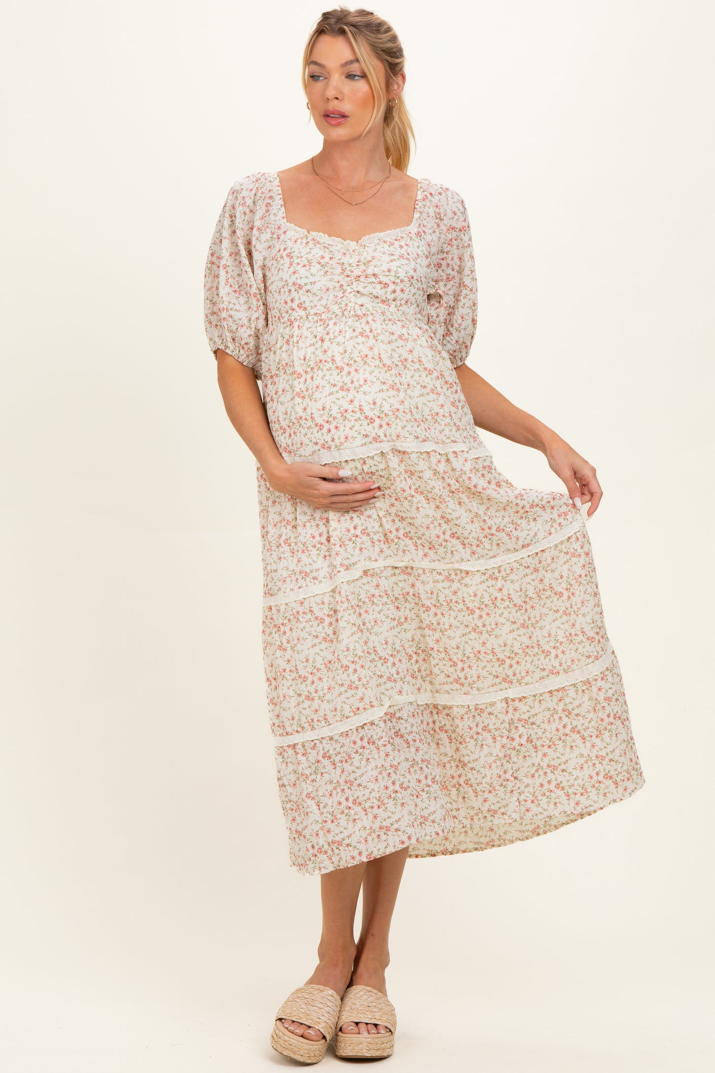 Butter Floral Lace Trim Tiered Maternity Midi Dress
