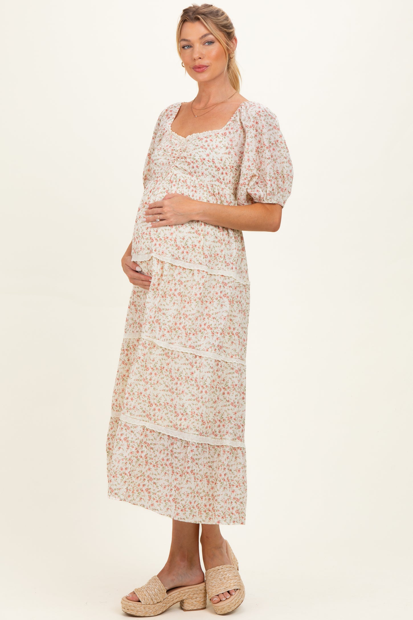 Butter Floral Lace Trim Tiered Maternity Midi Dress