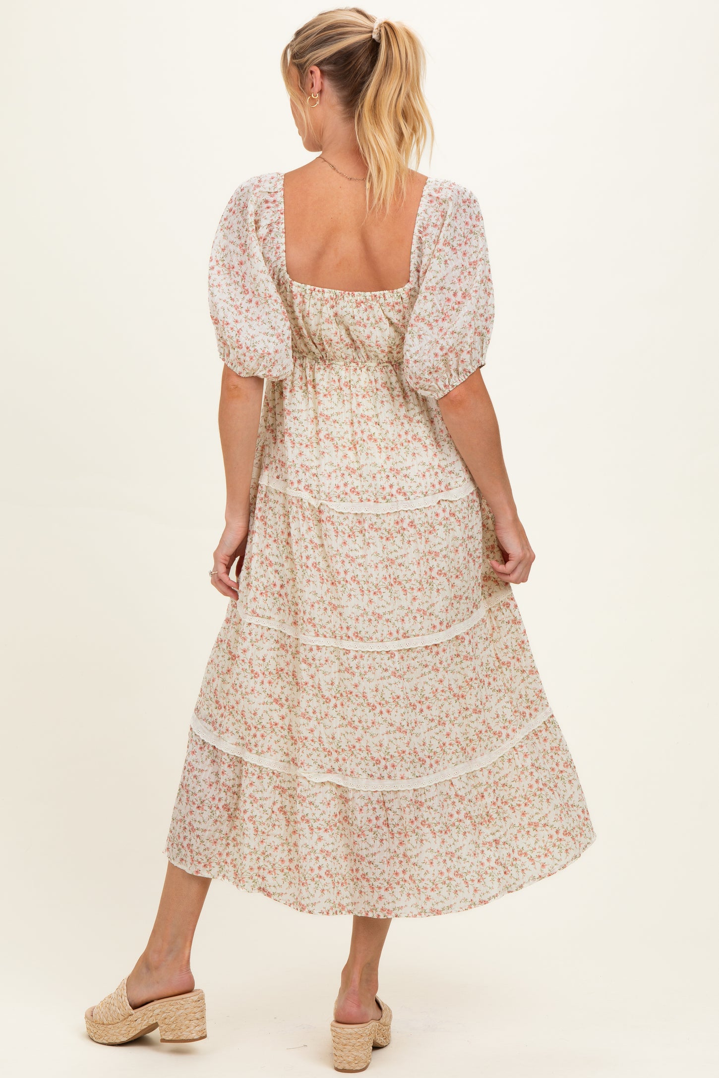 Butter Floral Lace Trim Tiered Maternity Midi Dress